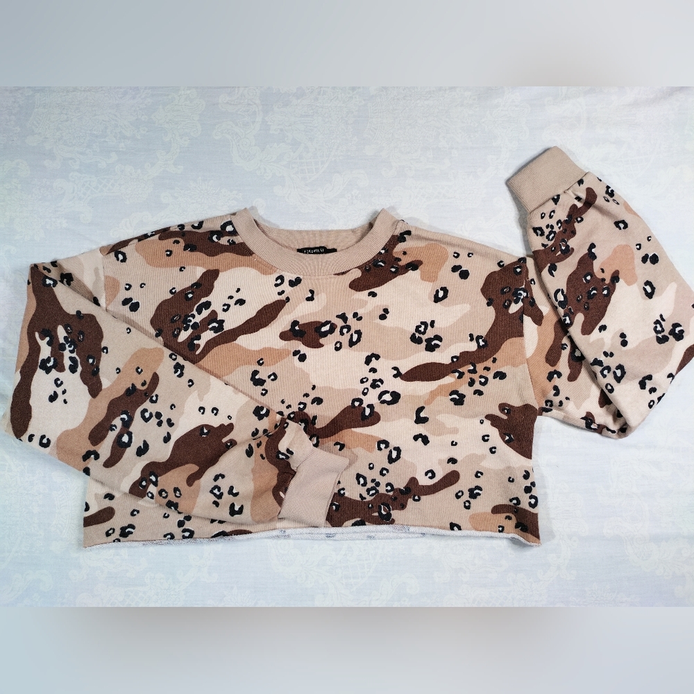 Tan camo and leopard print crop sweatshirt